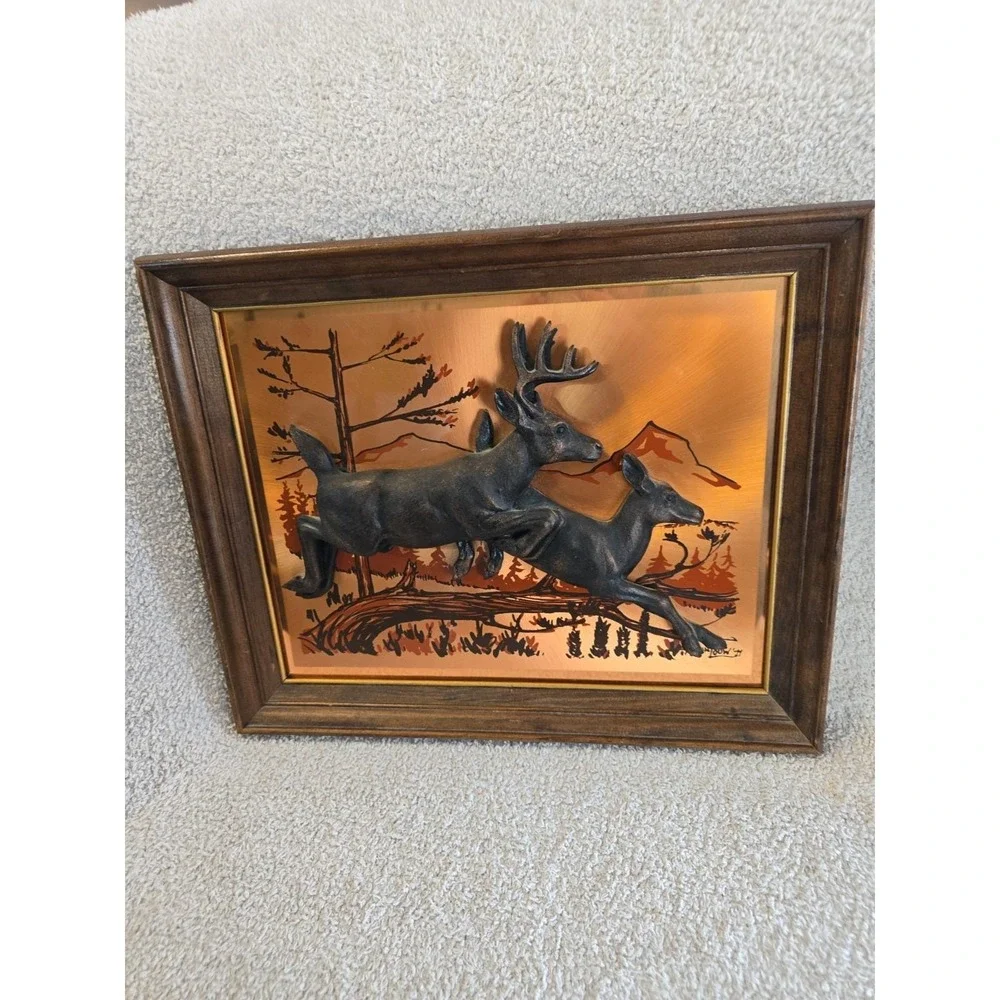 Vintage Signrd John Louw 70s Copper Raised Relief Buck & Doe Leaping Framed